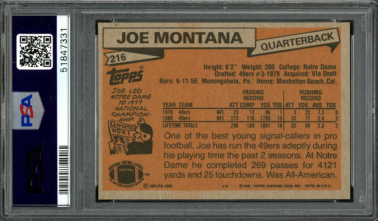 Joe Montana Autographed 1981 Topps Rookie Card #216 San Francisco 49ers PSA 5 Auto Grade Gem Mint 10 PSA/DNA #51847331