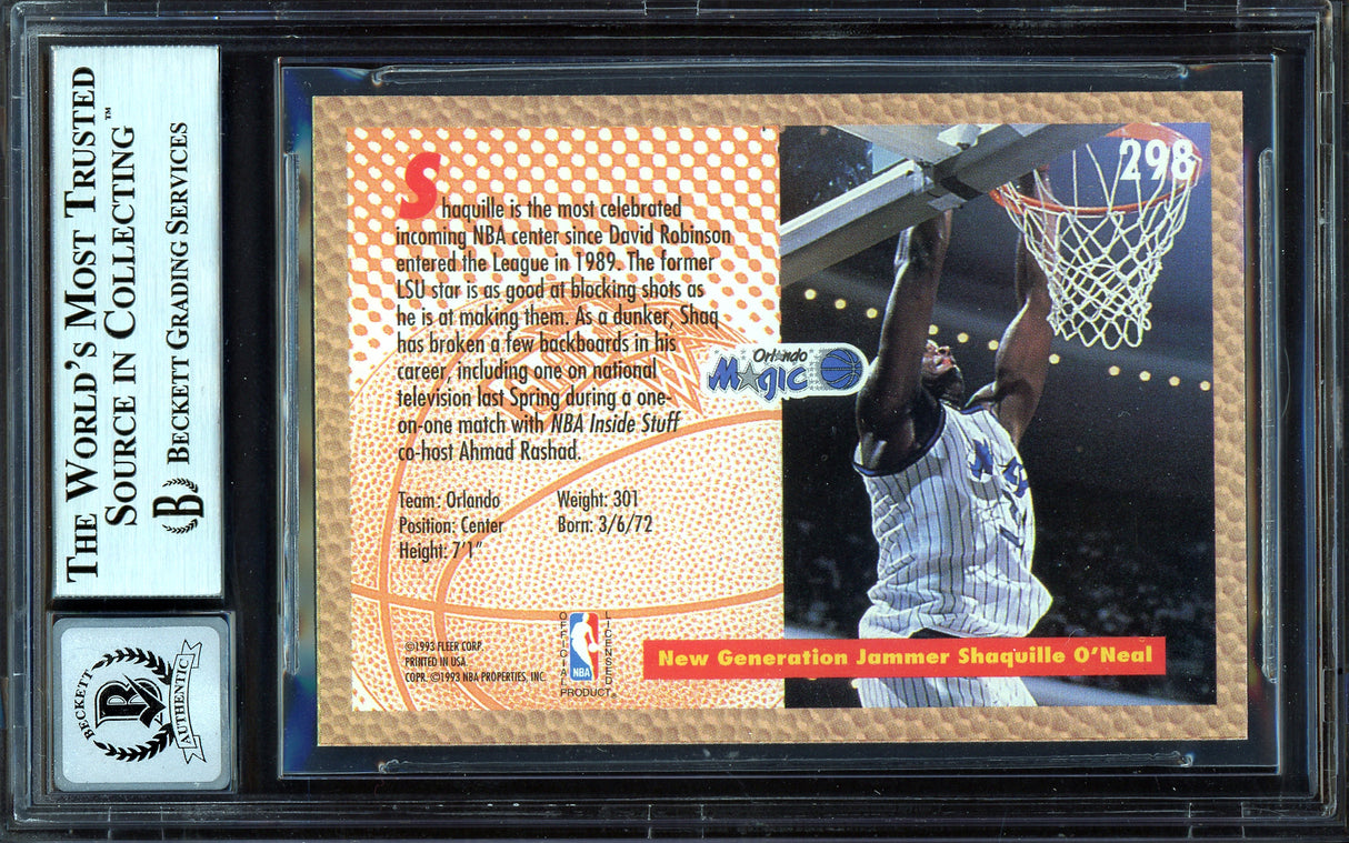 Shaquille Shaq O'Neal Autographed 1992-93 Fleer Rookie Card #298 Orlando Magic Beckett BAS #13314676