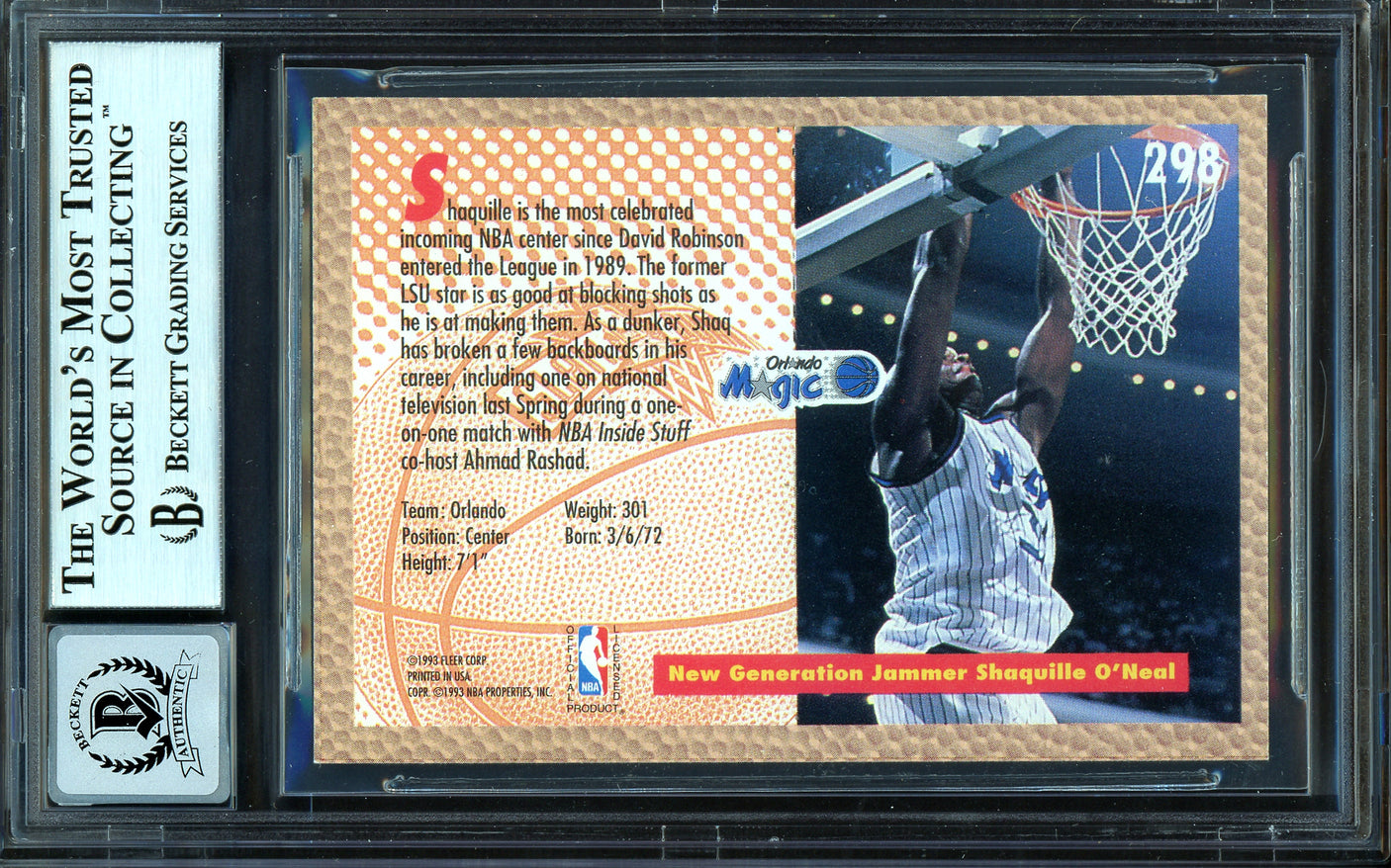 Shaquille Shaq O'Neal Autographed 1992-93 Fleer Rookie Card #298 Orlando Magic Beckett BAS #13314675