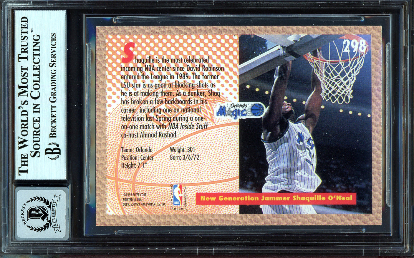 Shaquille Shaq O'Neal Autographed 1992-93 Fleer Rookie Card #298 Orlando Magic Beckett BAS #13314674