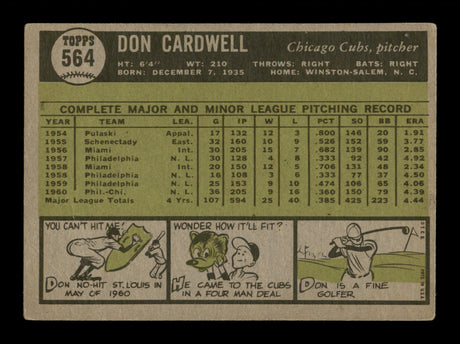 Don Cardwell Autographed 1961 Topps Card #564 Chicago Cubs High Number SKU #197801