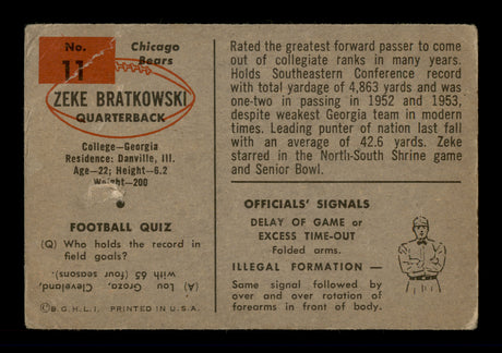 Zeke Bratkowski Autographed 1954 Bowman Rookie Card #11 Chicago Bears SKU #197966