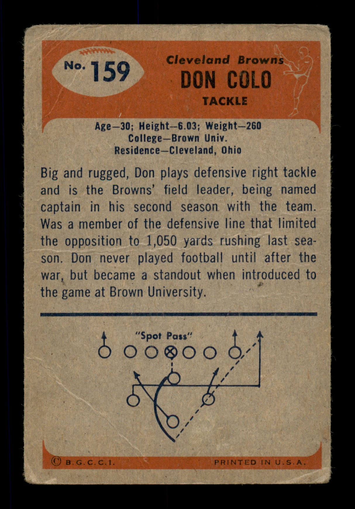 Don Colo Autographed 1955 Bowman Rookie Card #159 Cleveland Browns SKU #198035