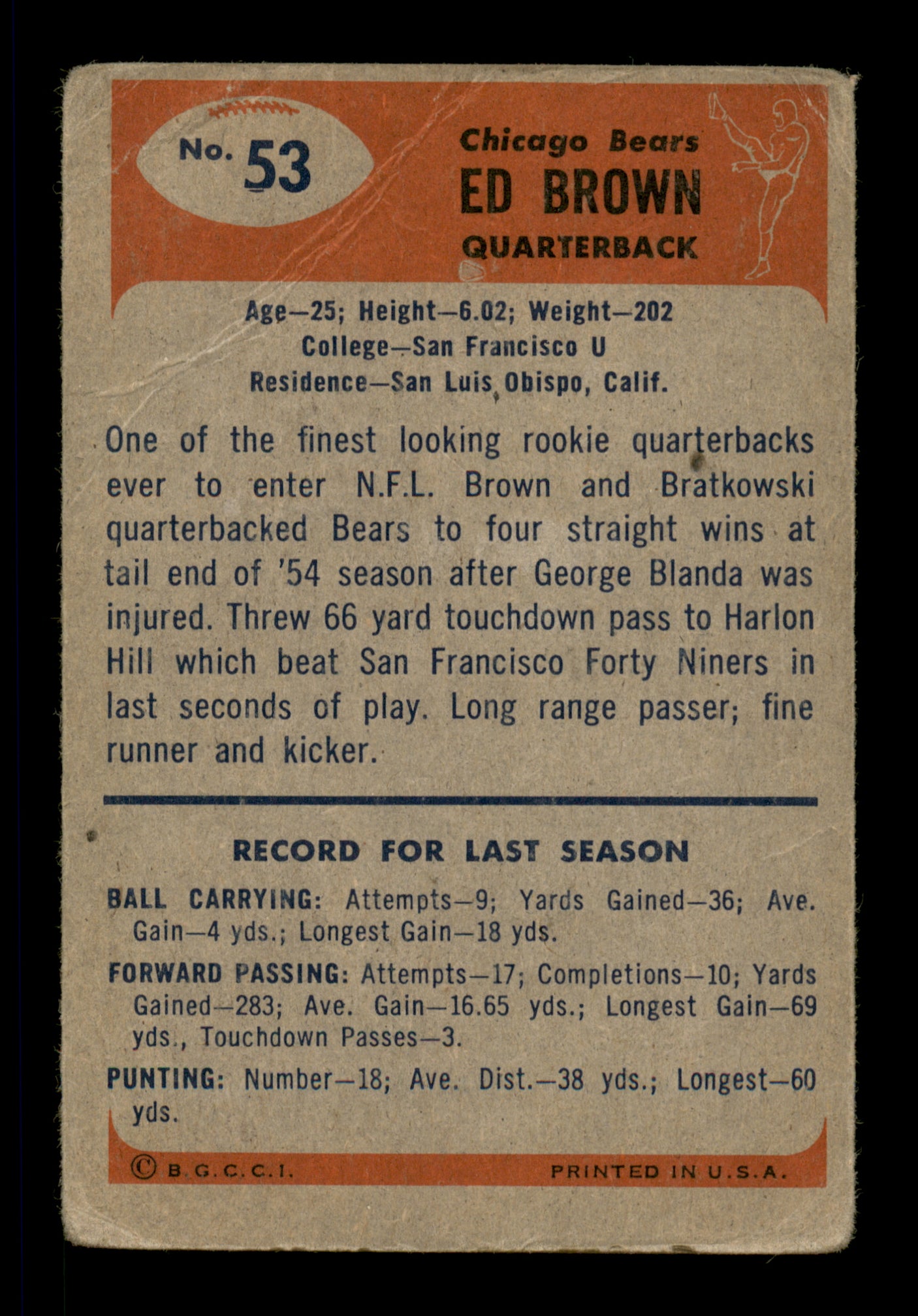 Ed Brown Autographed 1955 Bowman Rookie Card #53 Chicago Bears (Off-Condition) SKU #198046