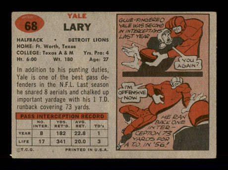 Yale Lary Autographed 1957 Topps Card #68 Detroit Lions SKU #198058
