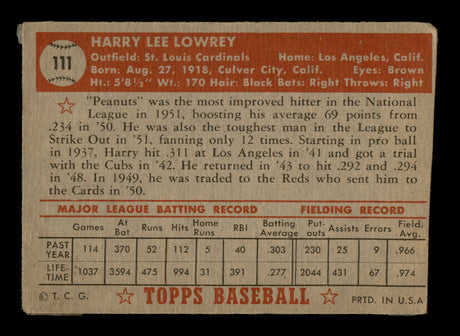 Harry "P-Nuts" Lowrey Autographed 1952 Topps Card #111 St. Louis Cardinals (Off-Condition) SKU #198221