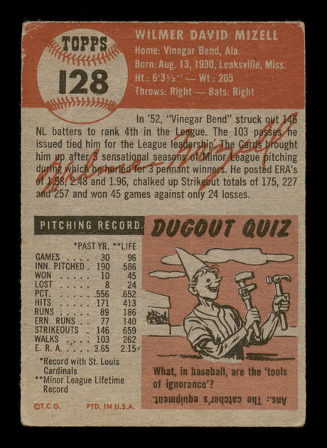 Wilmer Vinegar Bend Mizell Autographed 1953 Topps Card #128 St. Louis Cardinals SKU #198245