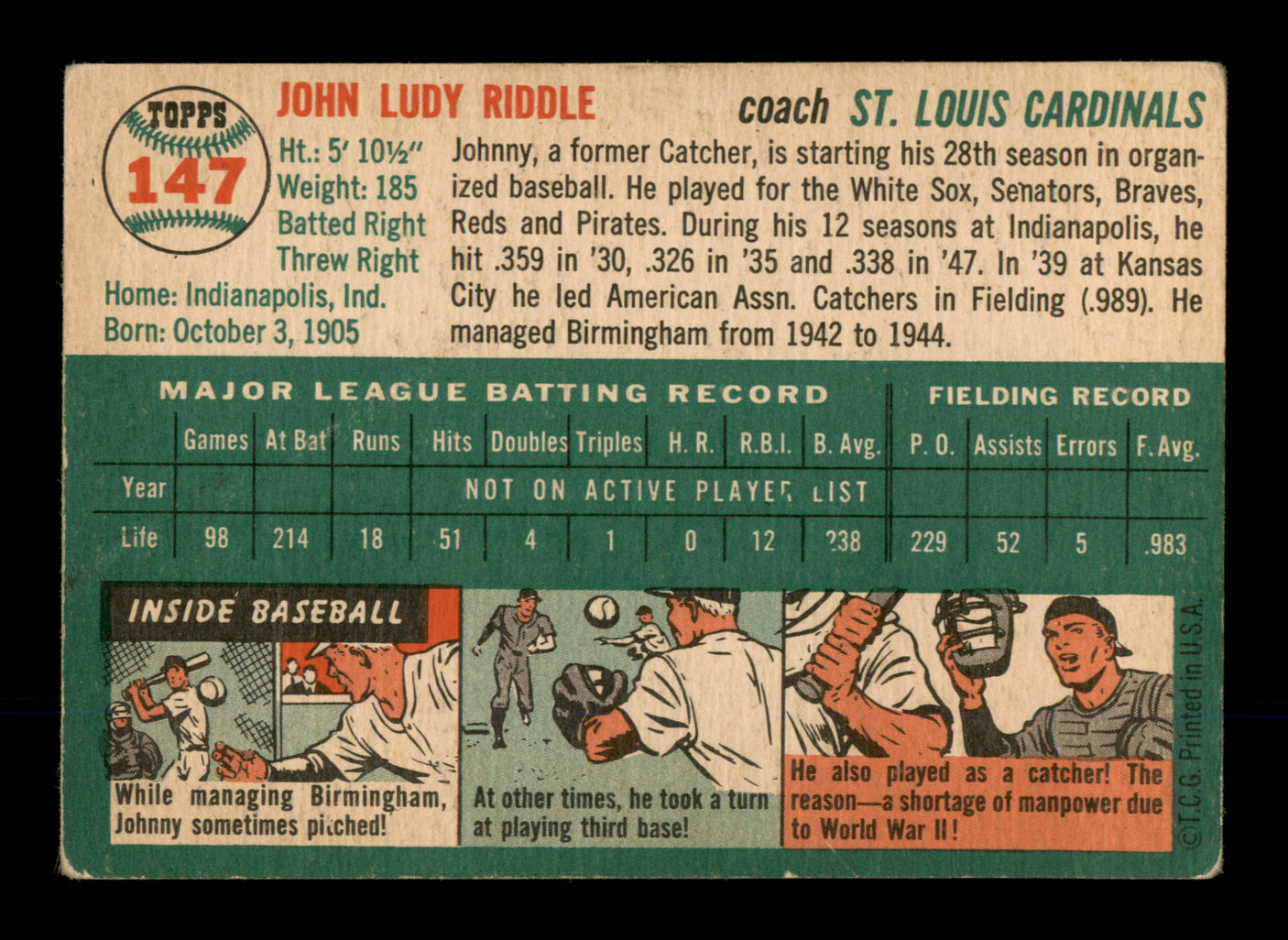 John Riddle Autographed 1954 Topps Card #147 St. Louis Cardinals SKU #198293
