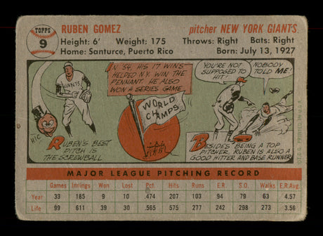 Ruben Gomez Autographed 1956 Topps Card #9 New York Giants SKU #198397
