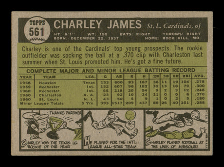 Charley Charlie James Autographed 1961 Topps Card #561 St. Louis Cardinals High Number SKU #198843