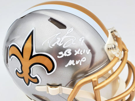 Drew Brees Autographed New Orleans Saints Flash Silver Speed Mini Helmet "SB XLIV MVP" Beckett BAS QR Stock #197458