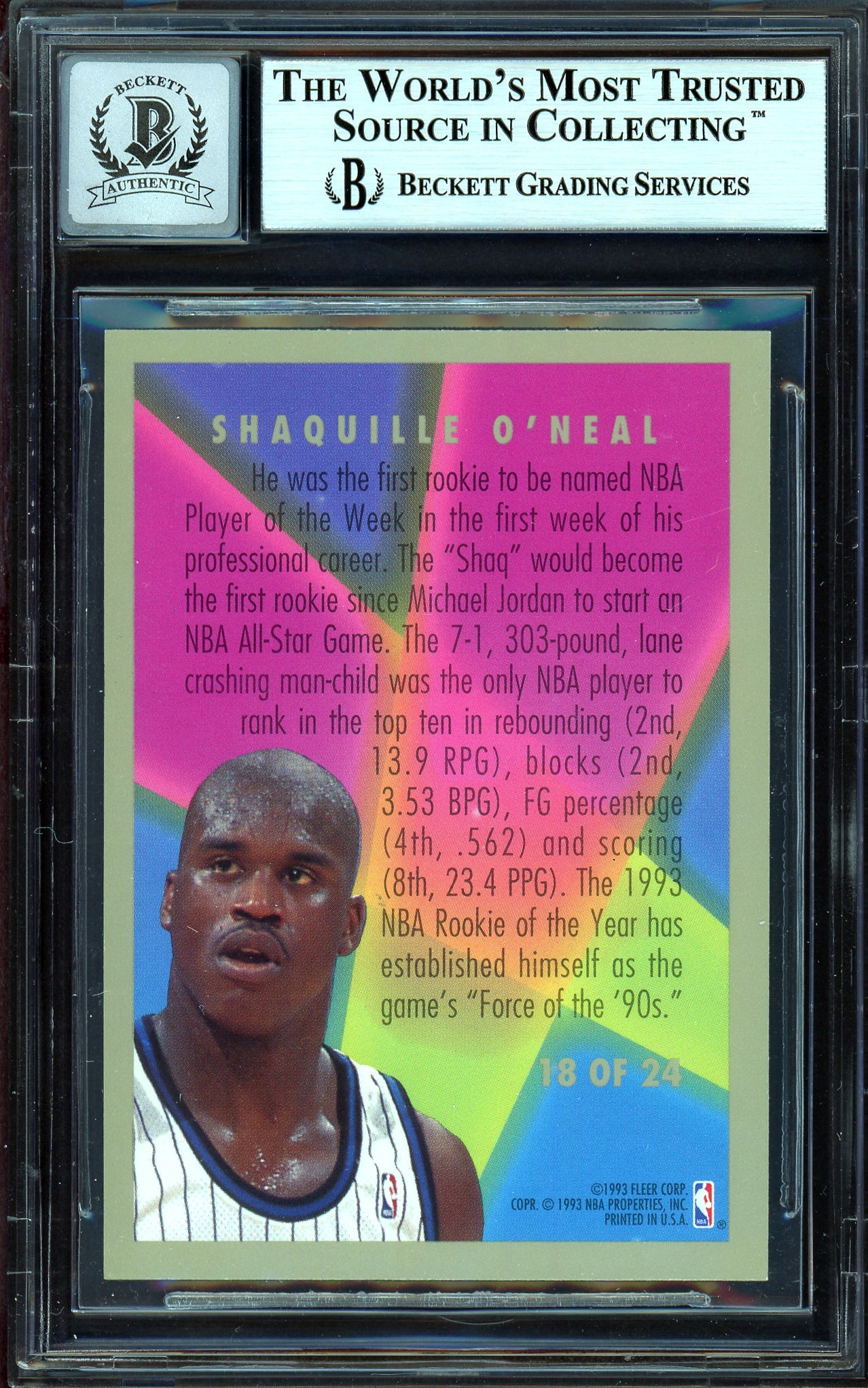 Shaquille Shaq O'Neal Autographed 1993-94 Fleer Rookie Sensations Card #18 Orlando Magic Auto Grade Gem Mint 10 Beckett BAS #13315307