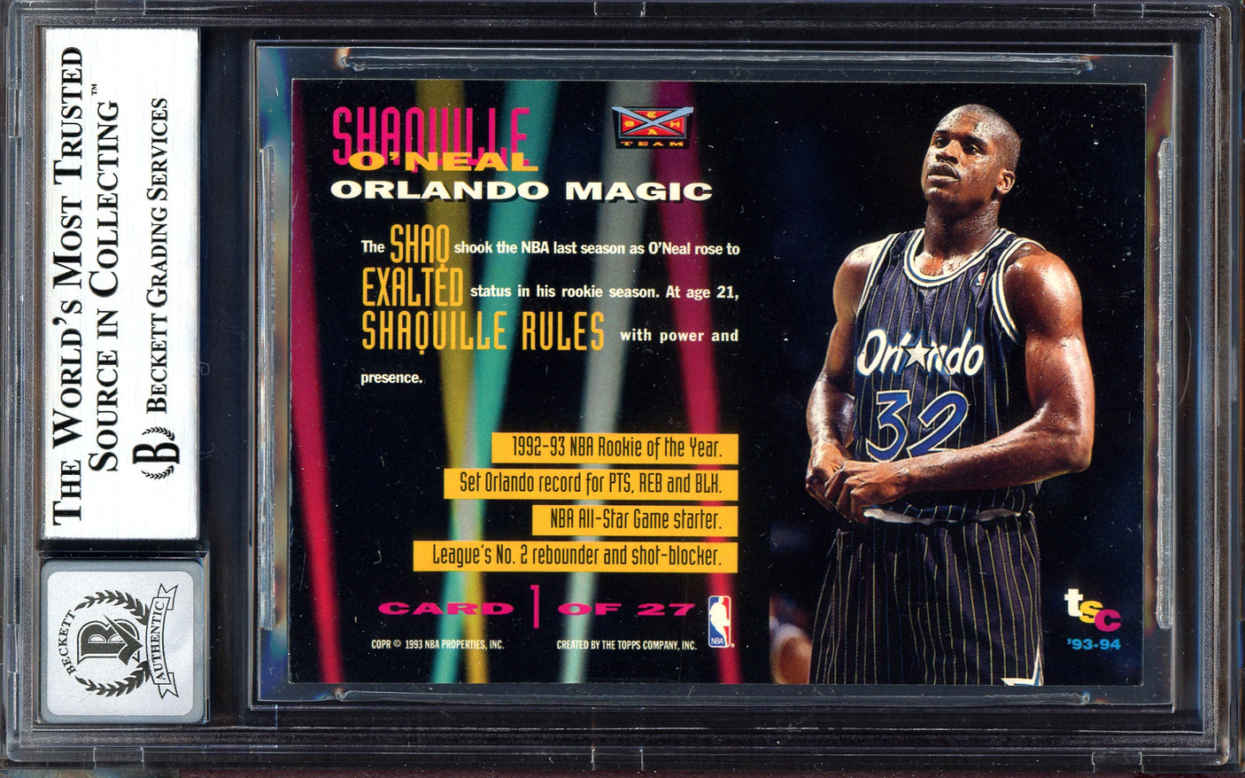 Shaquille Shaq O'Neal Autographed 1993-94 Stadium Club Beam Team Card #1 Orlando Magic Auto Grade Gem Mint 10 Beckett BAS #13315315