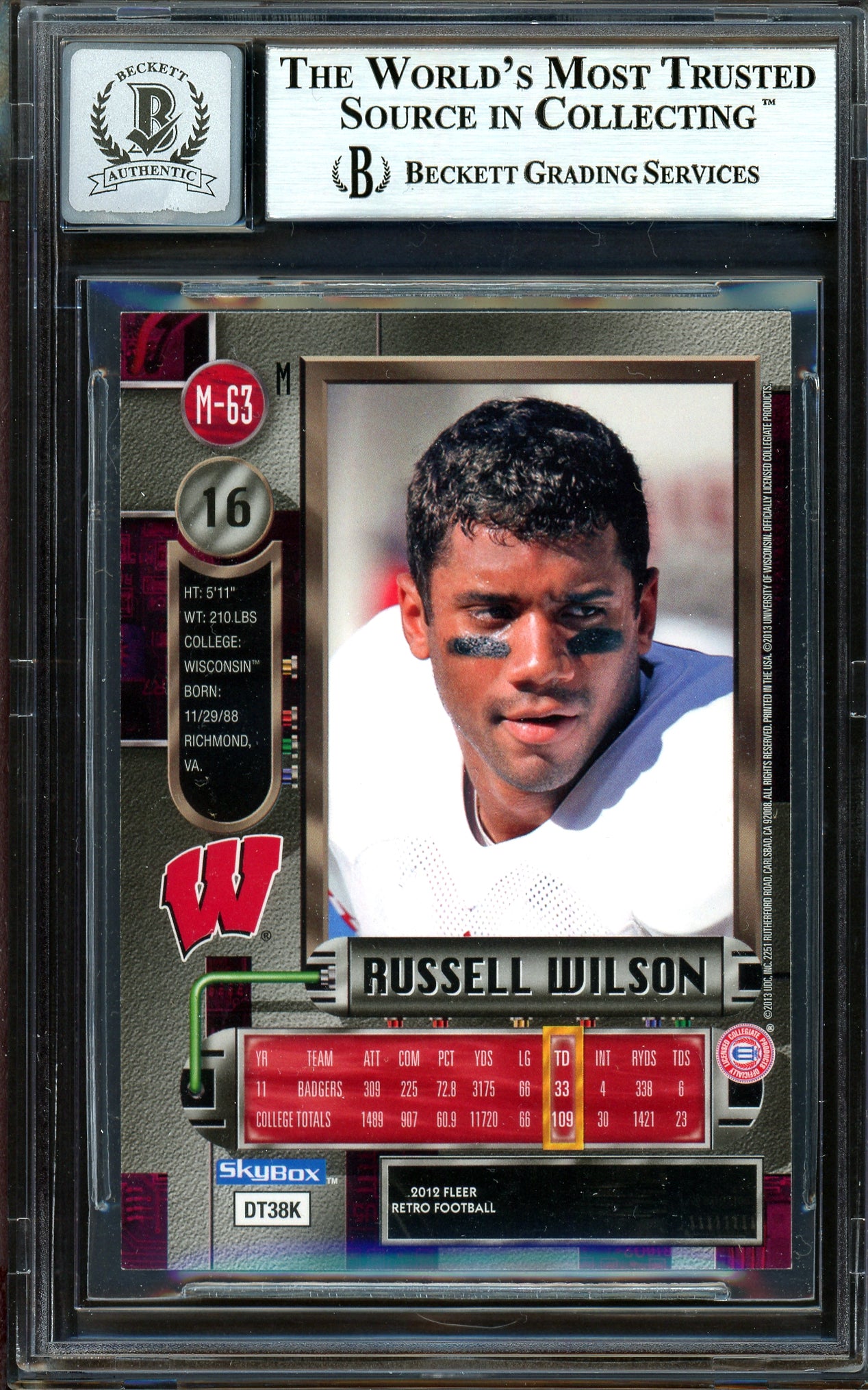 Russell Wilson Autographed 2012 Fleer Retro Metal Rookie Card #M-63 Seattle Seahawks Auto Grade Gem Mint 10 Beckett BAS #13315345