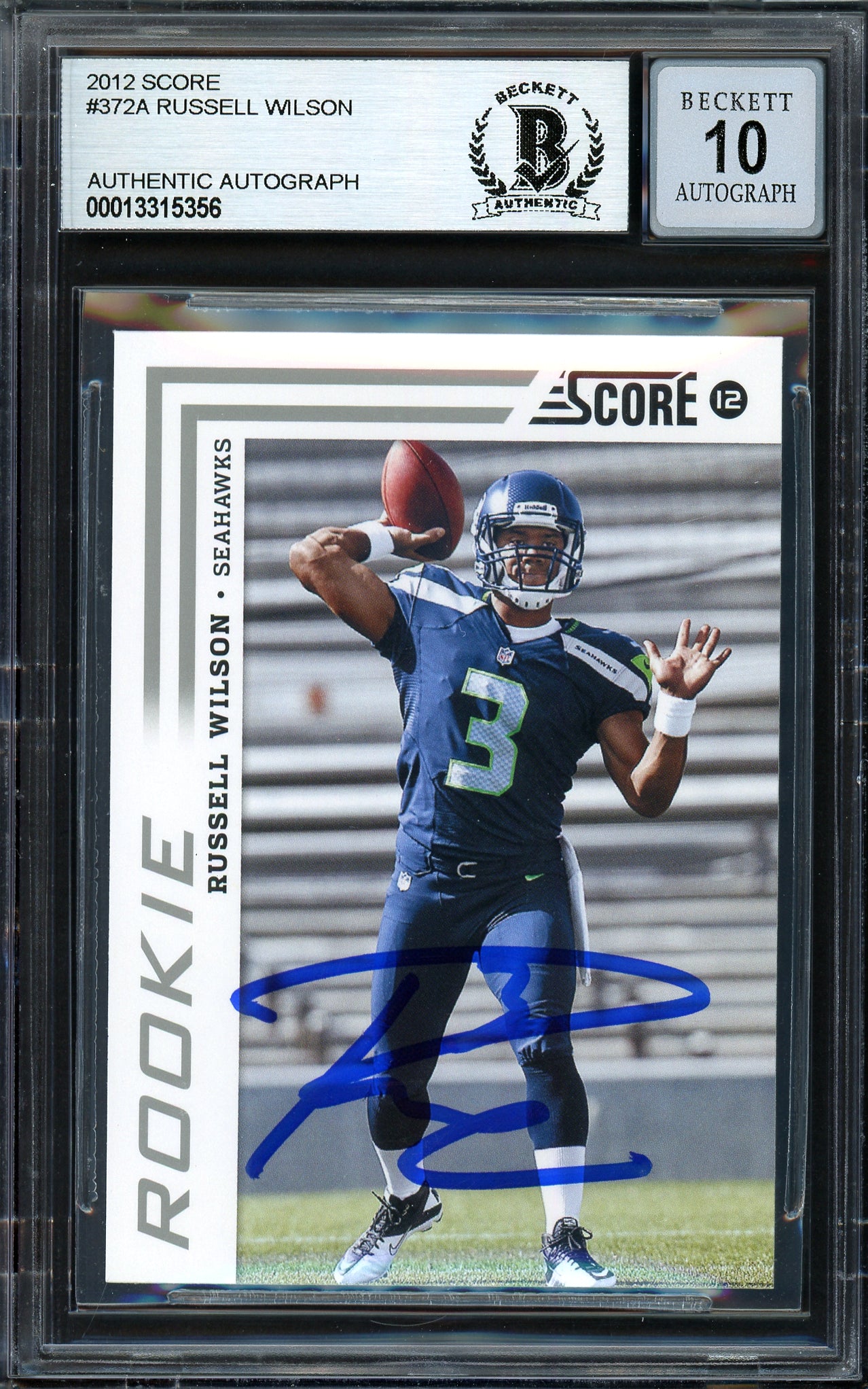 Russell Wilson Autographed 2012 Score Rookie Card #372 Seattle Seahawks Auto Grade Gem Mint 10 Beckett BAS #13315356