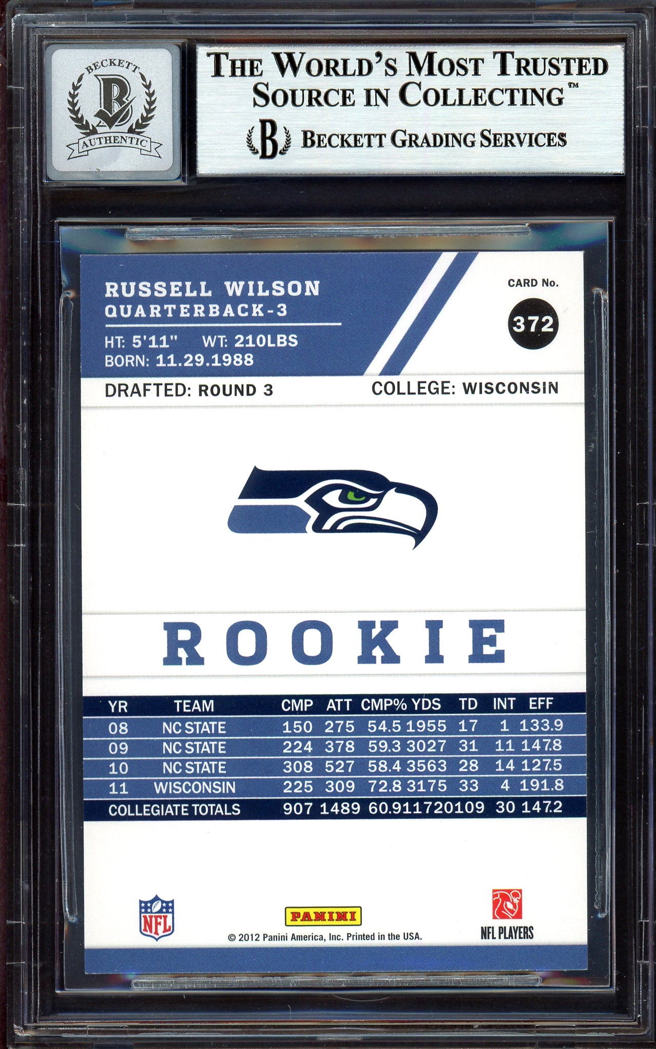 Russell Wilson Autographed 2012 Score Rookie Card #372 Seattle Seahawks Auto Grade Gem Mint 10 Beckett BAS #13315356