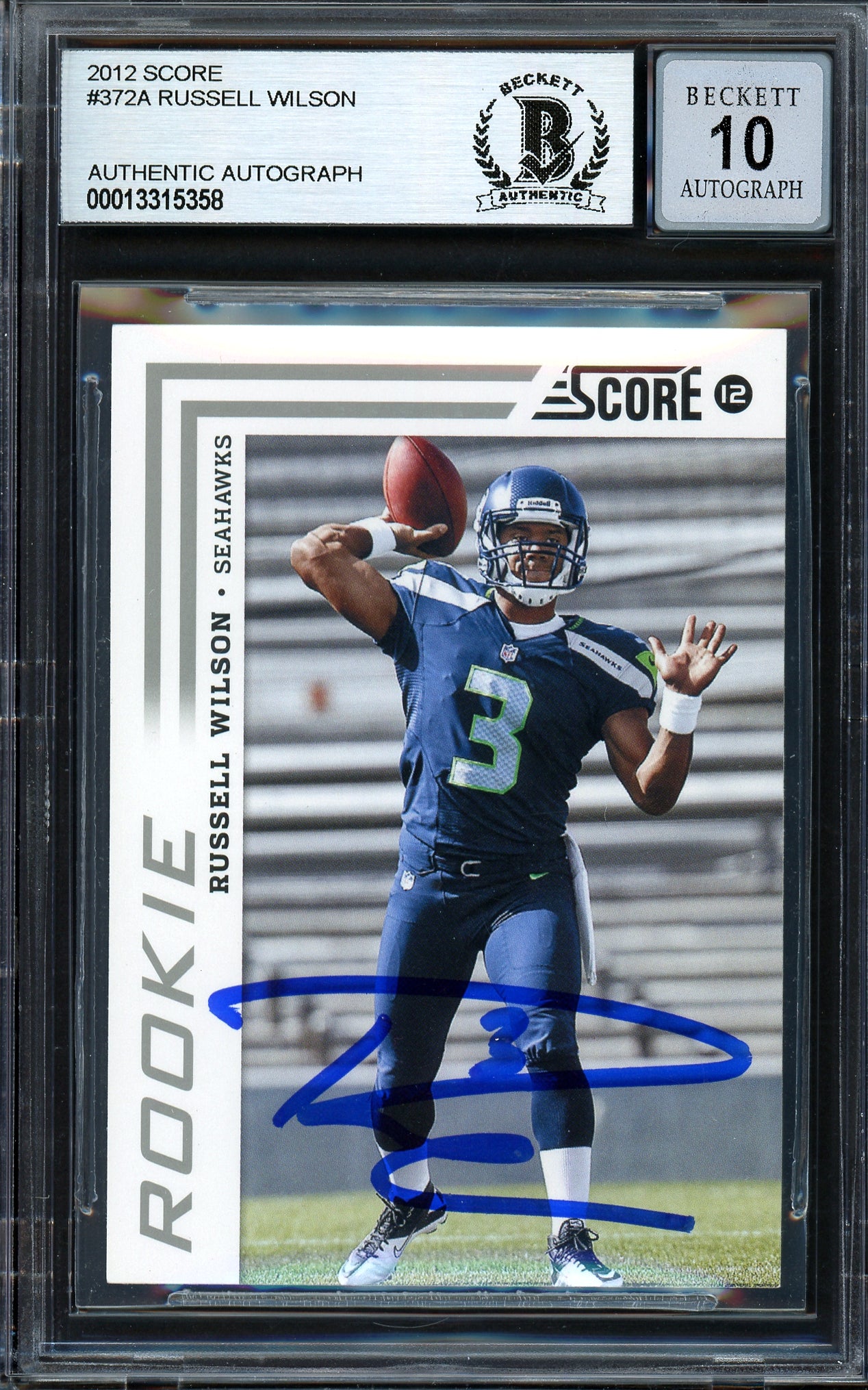 Russell Wilson Autographed 2012 Score Rookie Card #372 Seattle Seahawks Auto Grade Gem Mint 10 Beckett BAS #13315358