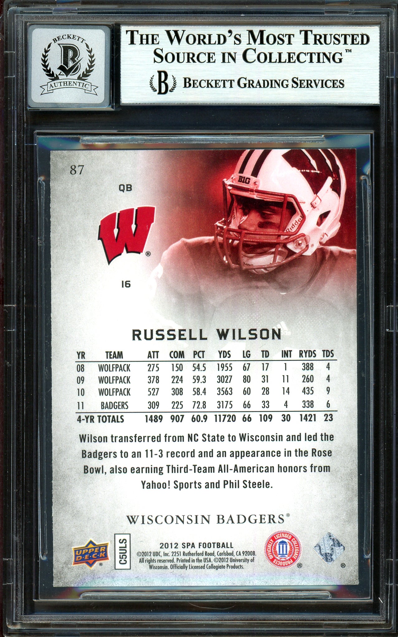 Russell Wilson Autographed 2012 SP Authentic Rookie Card #87 Seattle Seahawks Auto Grade Gem Mint 10 Beckett BAS #13315360