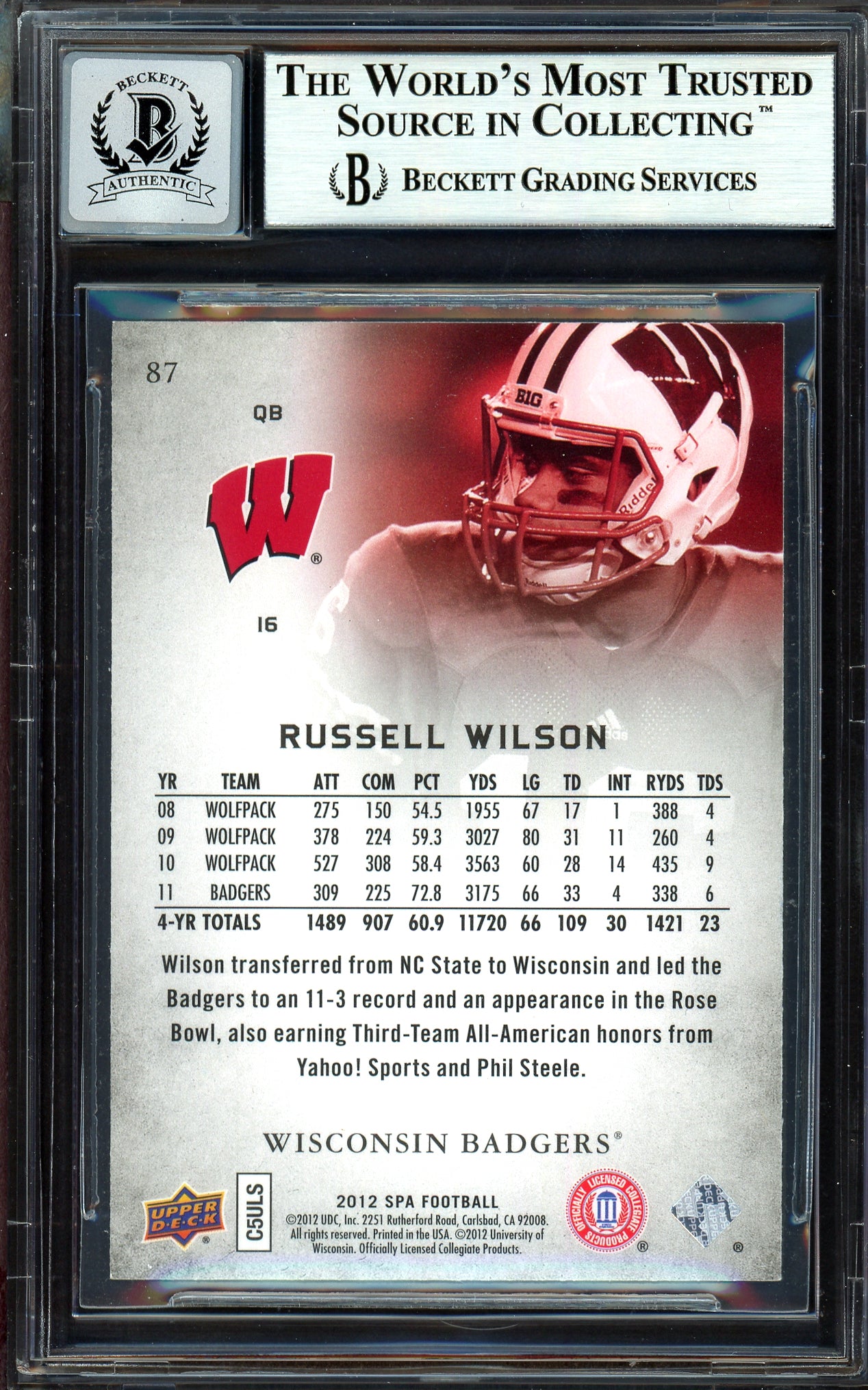 Russell Wilson Autographed 2012 SP Authentic Rookie Card #87 Seattle Seahawks Auto Grade Gem Mint 10 Beckett BAS #13315362