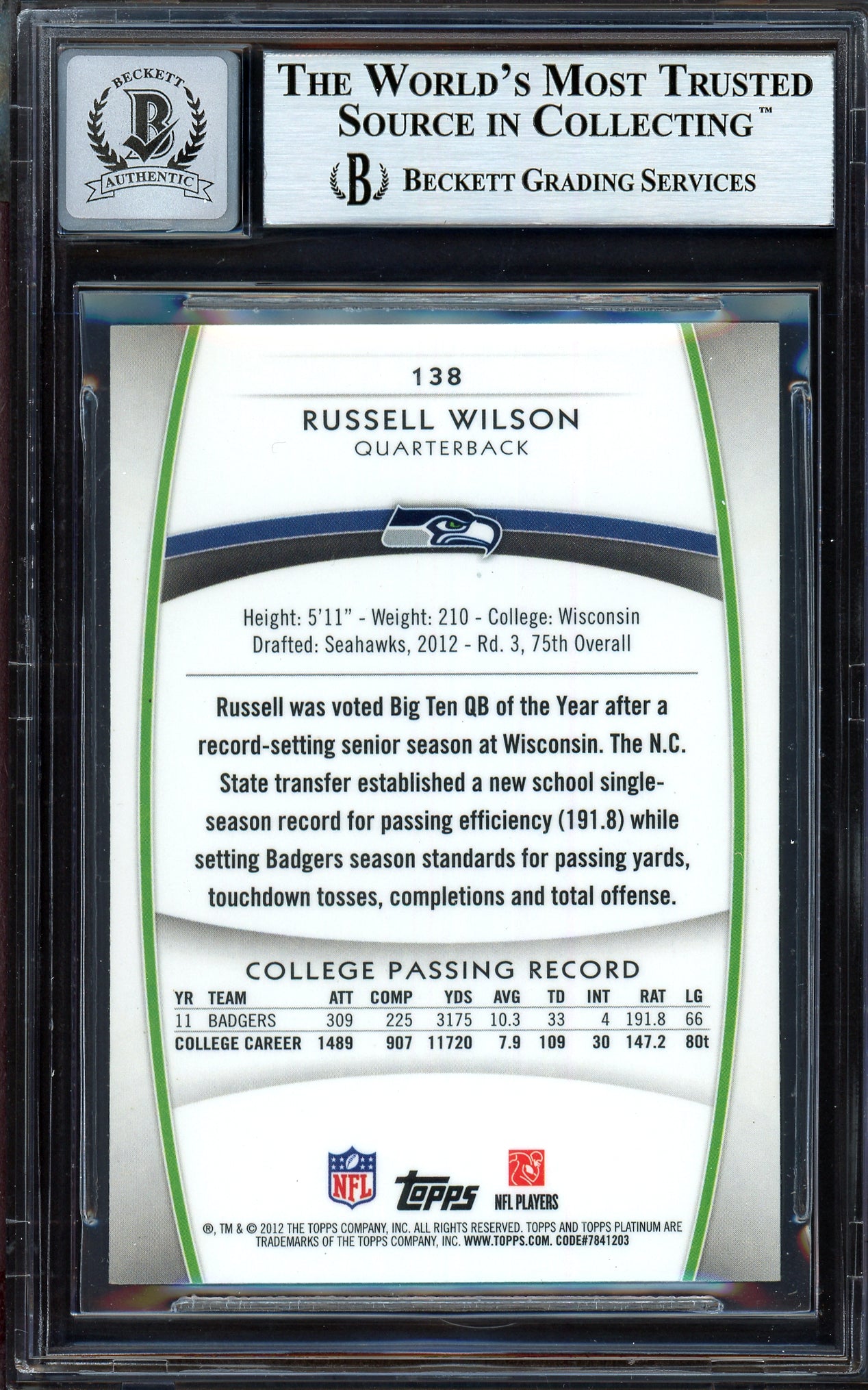 Russell Wilson Autographed 2012 Topps Platinum Rookie Card #138 Seattle Seahawks Auto Grade Gem Mint 10 Beckett BAS #13315616