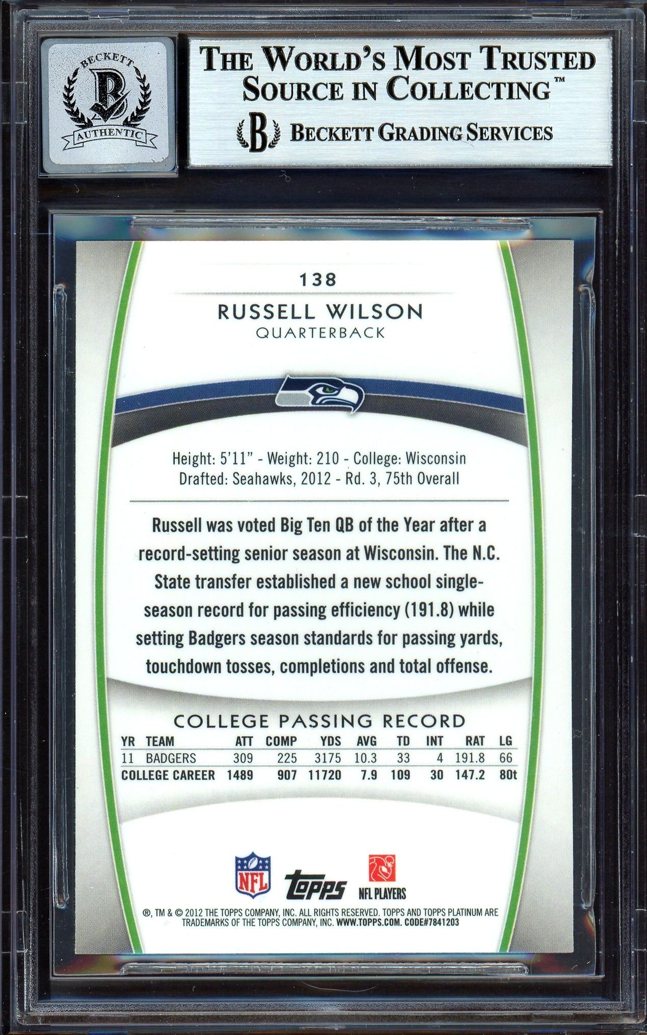 Russell Wilson Autographed 2012 Topps Platinum Rookie Card #138 Seattle Seahawks Auto Grade Gem Mint 10 Beckett BAS #13315617