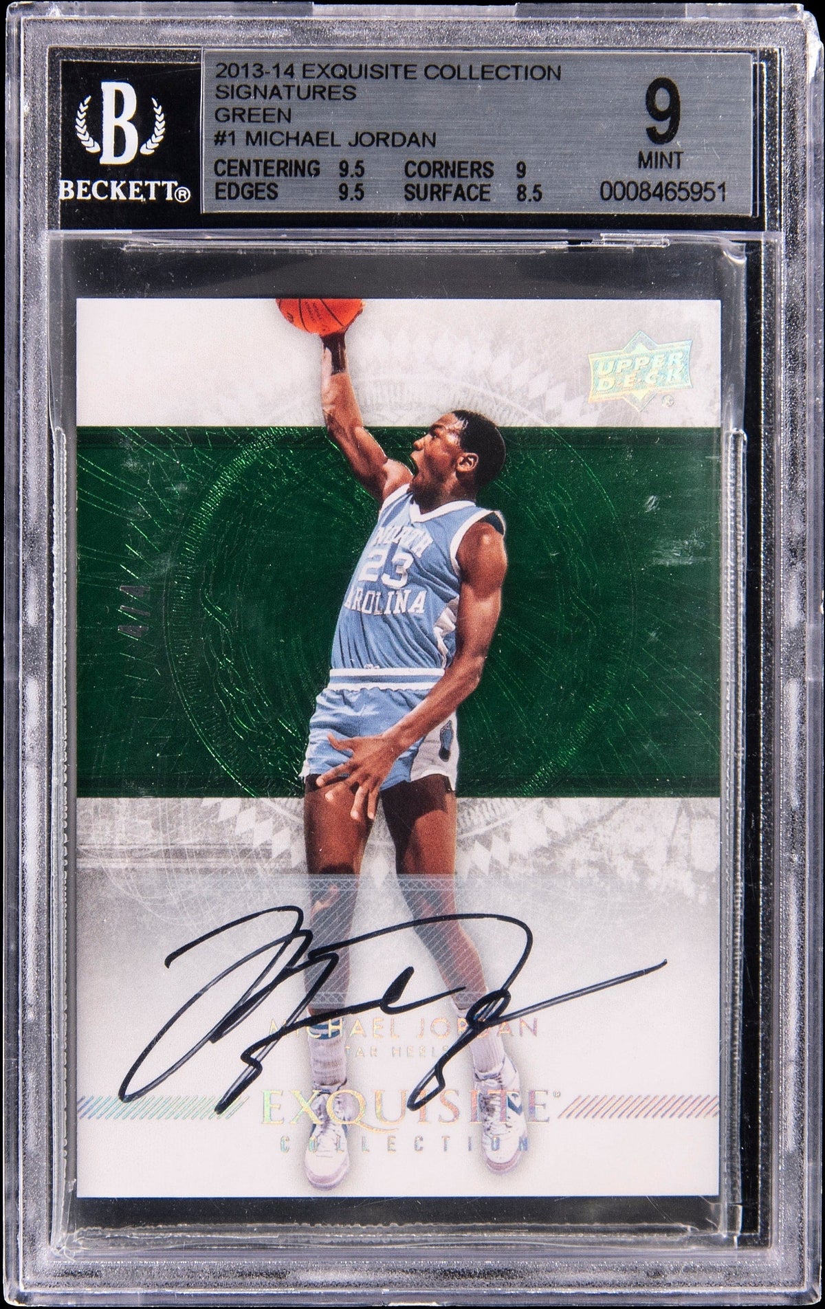 2013-14 UD Exquisite Signatures Green Michael Jordan #1 Auto 4/4 UNC BGS 9 Mint