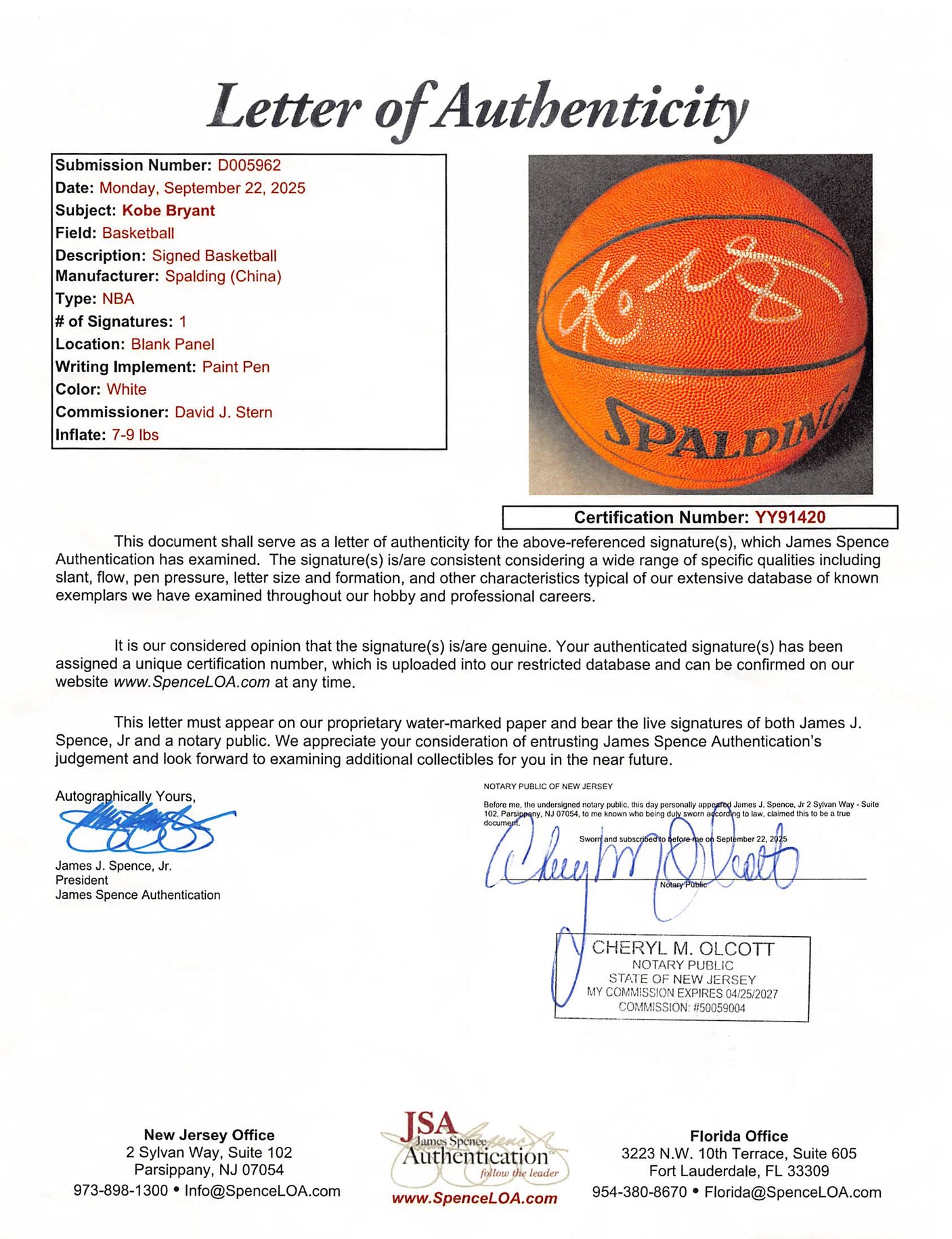 Lakers Kobe Bryant Signed Official NBA Game Spalding Basketball JSA #YY91420