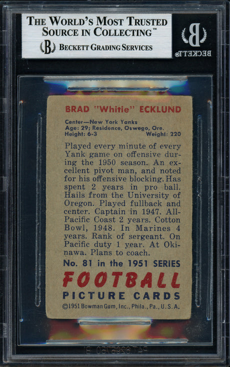 Brad "Whitie" Ecklund Autographed 1951 Bowman Rookie Card #81 New York Yankees Beckett BAS #11076617