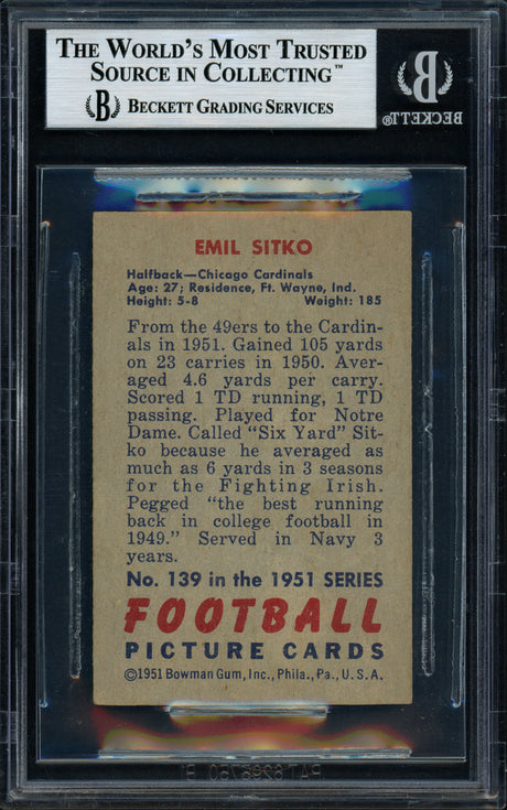 Emil Sitko Autographed 1951 Bowman Card #139 Notre Dame Fighting Irish Beckett BAS #11076624