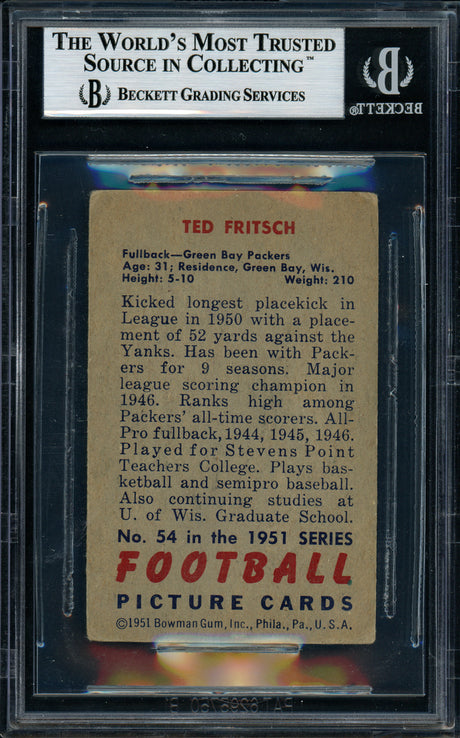 Ted Fritsch Autographed 1951 Bowman Card #54 Green Bay Packers Beckett BAS #11076668