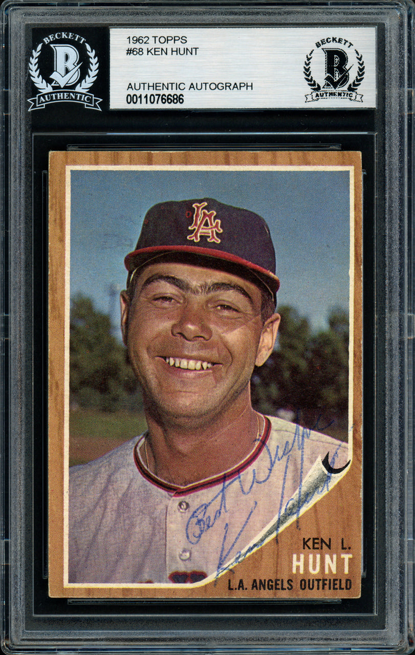 Ken Hunt Autographed 1962 Topps Card #68 Los Angeles Angels "Best Wishes" Beckett BAS #11076686