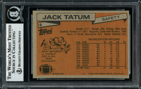 Jack Tatum Autographed 1981 Topps Card #8 Houston Oilers Beckett BAS #11076771
