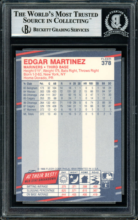 Edgar Martinez Autographed 1988 Fleer Rookie Card #378 Seattle Mariners Beckett BAS Stock #147098