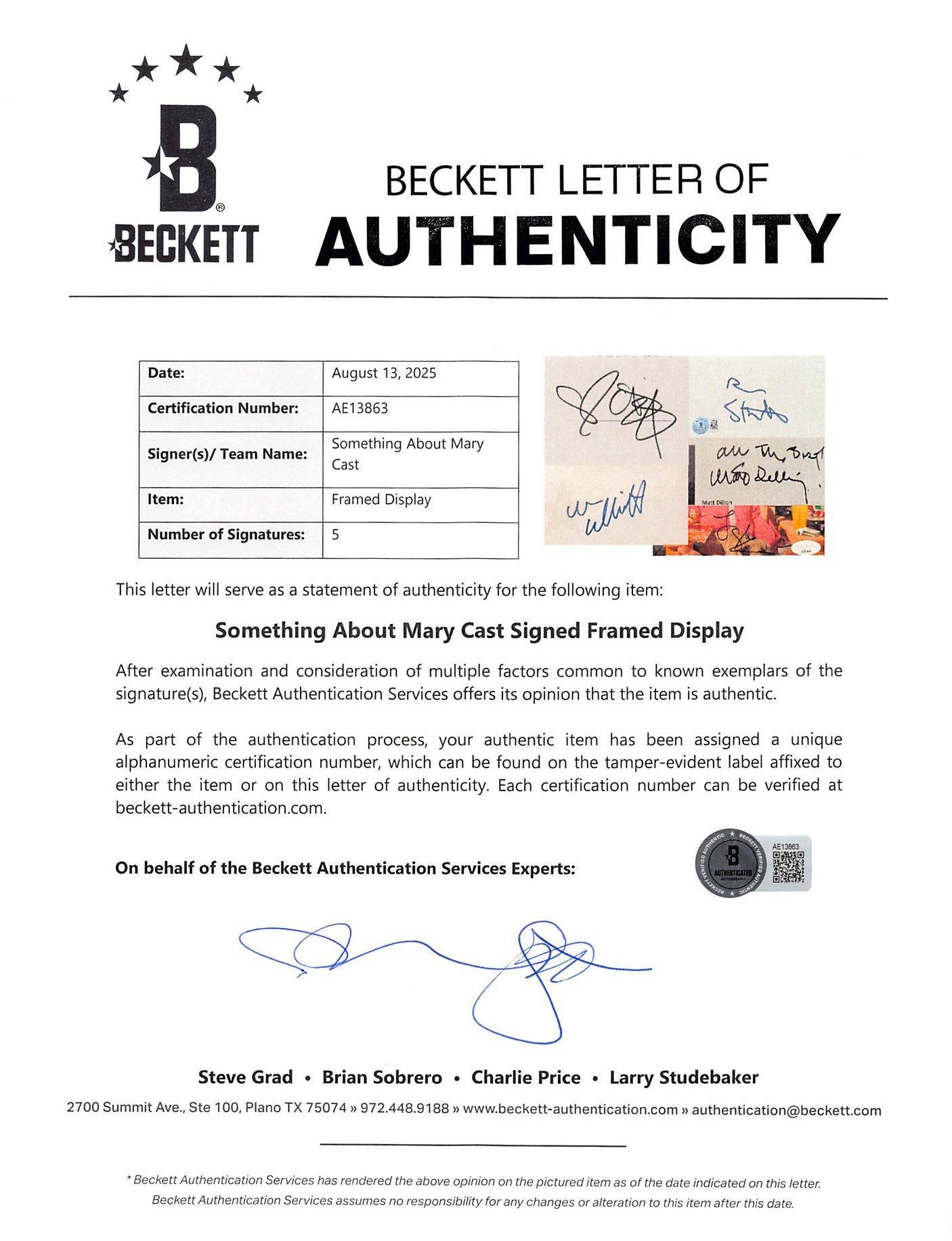 There's Something About Mary (5) Stiller, Diaz, Dillon Signed Framed Display BAS