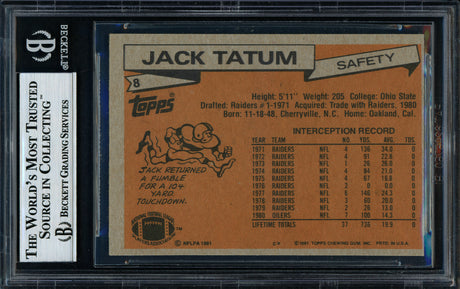 Jack Tatum Autographed 1981 Topps Card #8 Houston Oilers Beckett BAS #11144761