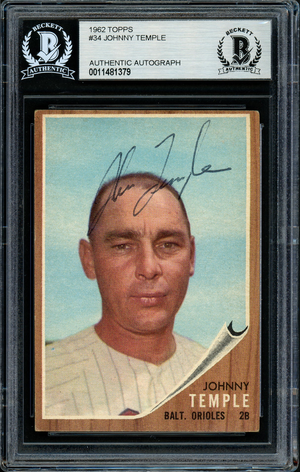 Johnny Temple Autographed 1962 Topps Card #34 Baltimore Orioles Beckett BAS #11481379