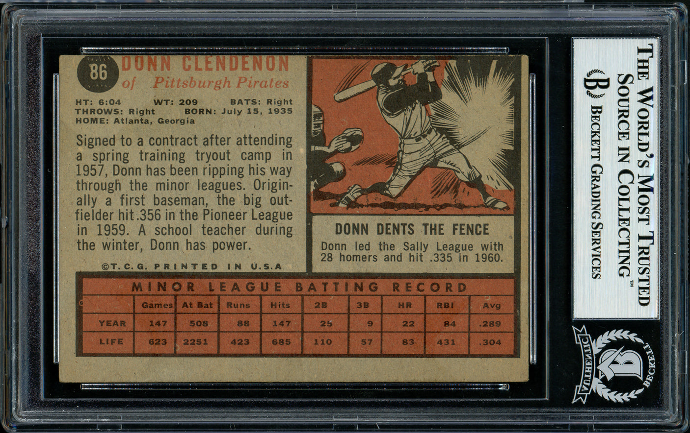 Donn Clendenon Autographed 1962 Topps Rookie Card #86 Pittsburgh Pirates Beckett BAS #11481396