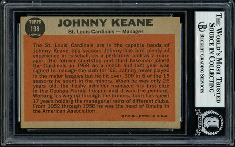 Johnny Keane Autographed 1962 Topps Card #198 St. Louis Cardinals Died 1967 Beckett BAS #11481435
