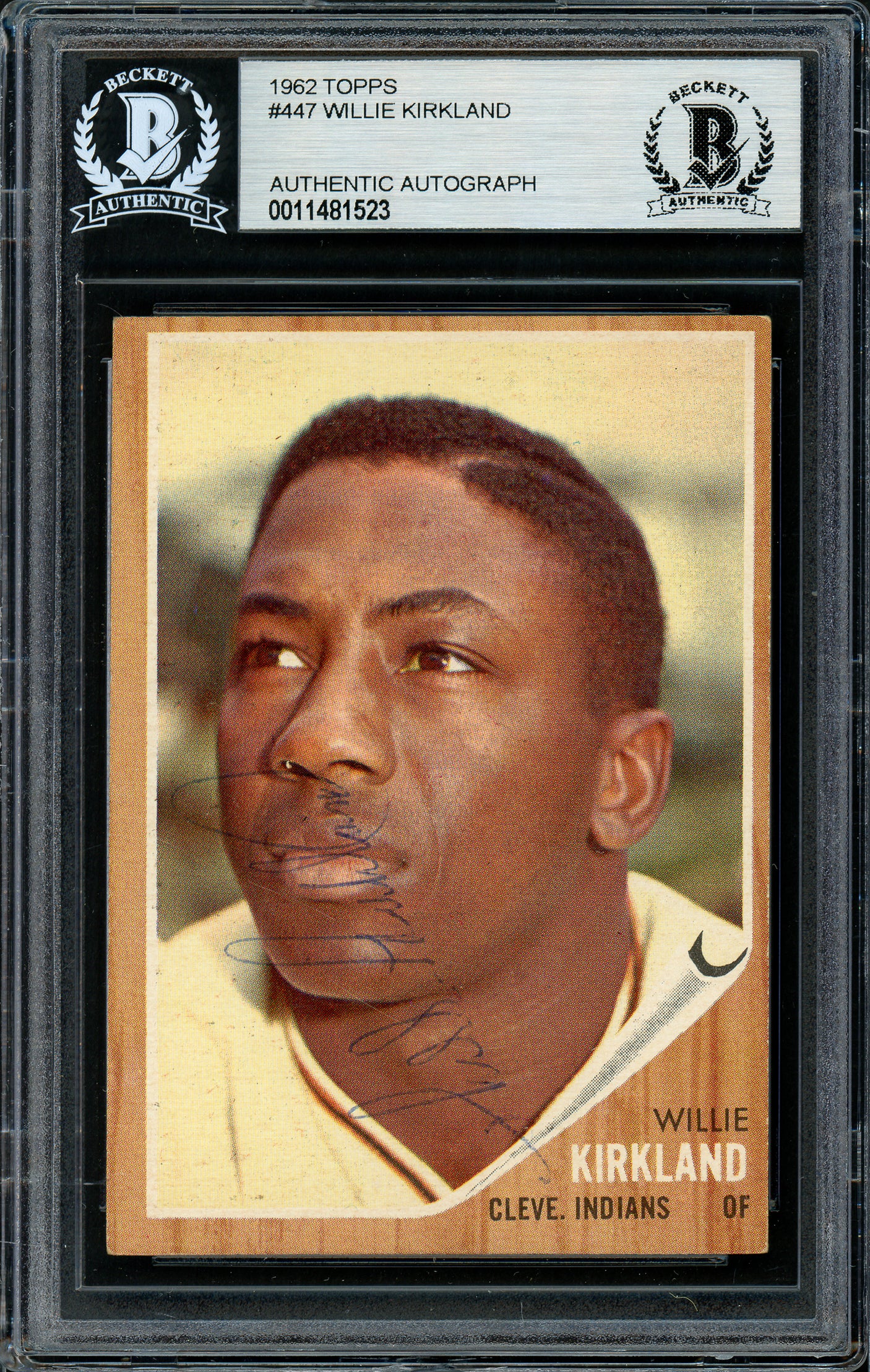 Willie Kirkland Autographed 1962 Topps Card #447 Cleveland Indians Beckett BAS #11481523