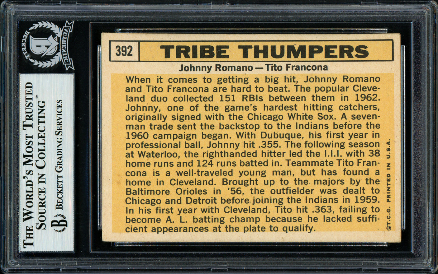 Johnny Romano & Tito Francona Autographed 1963 Topps Card #392 Cleveland Indians Tribe Thumpers Beckett BAS #11481887