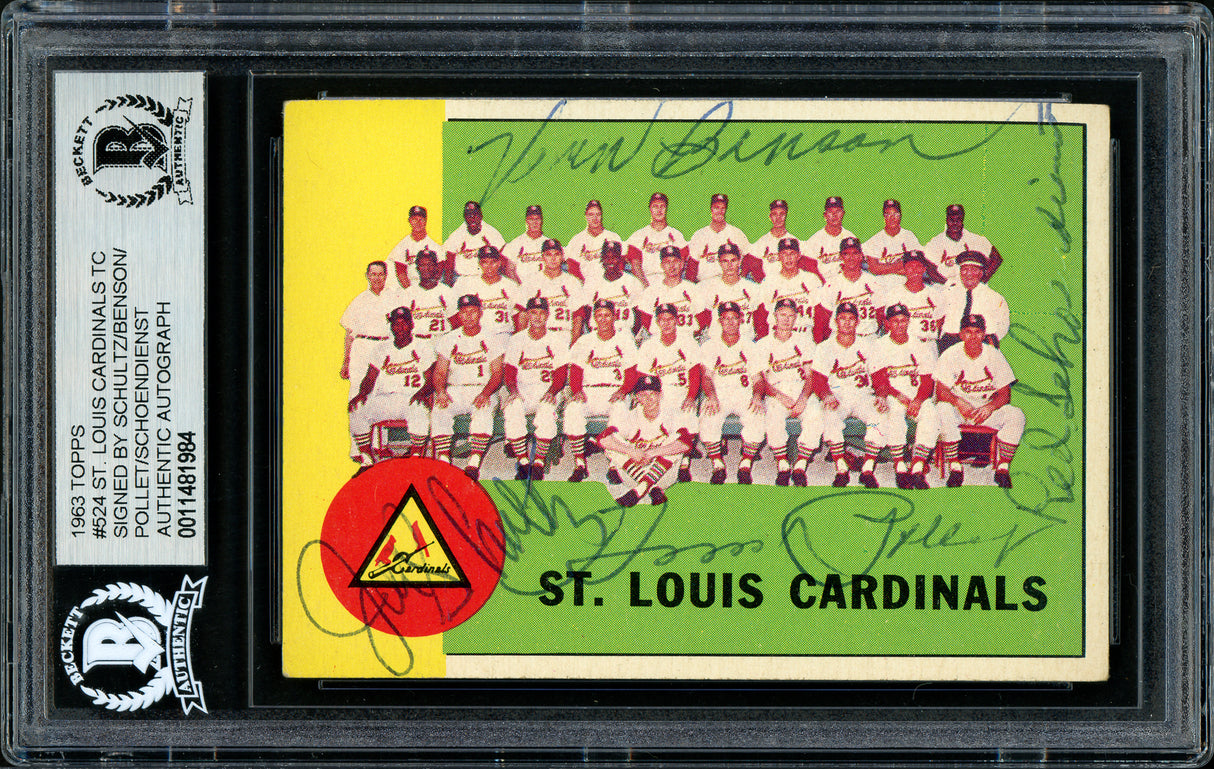 Joe Schultz, Vern Benson, Howie Pollet & Red Schoendienst Autographed 1963 Topps High Number Card #524 St. Louis Cardinals Coaches Beckett BAS #11481984