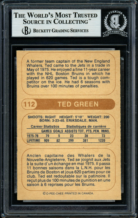 Ted Green Autographed 1976-77 WHA O-Pee-Chee Card #112 Winnipeg Jets Beckett BAS #11482180