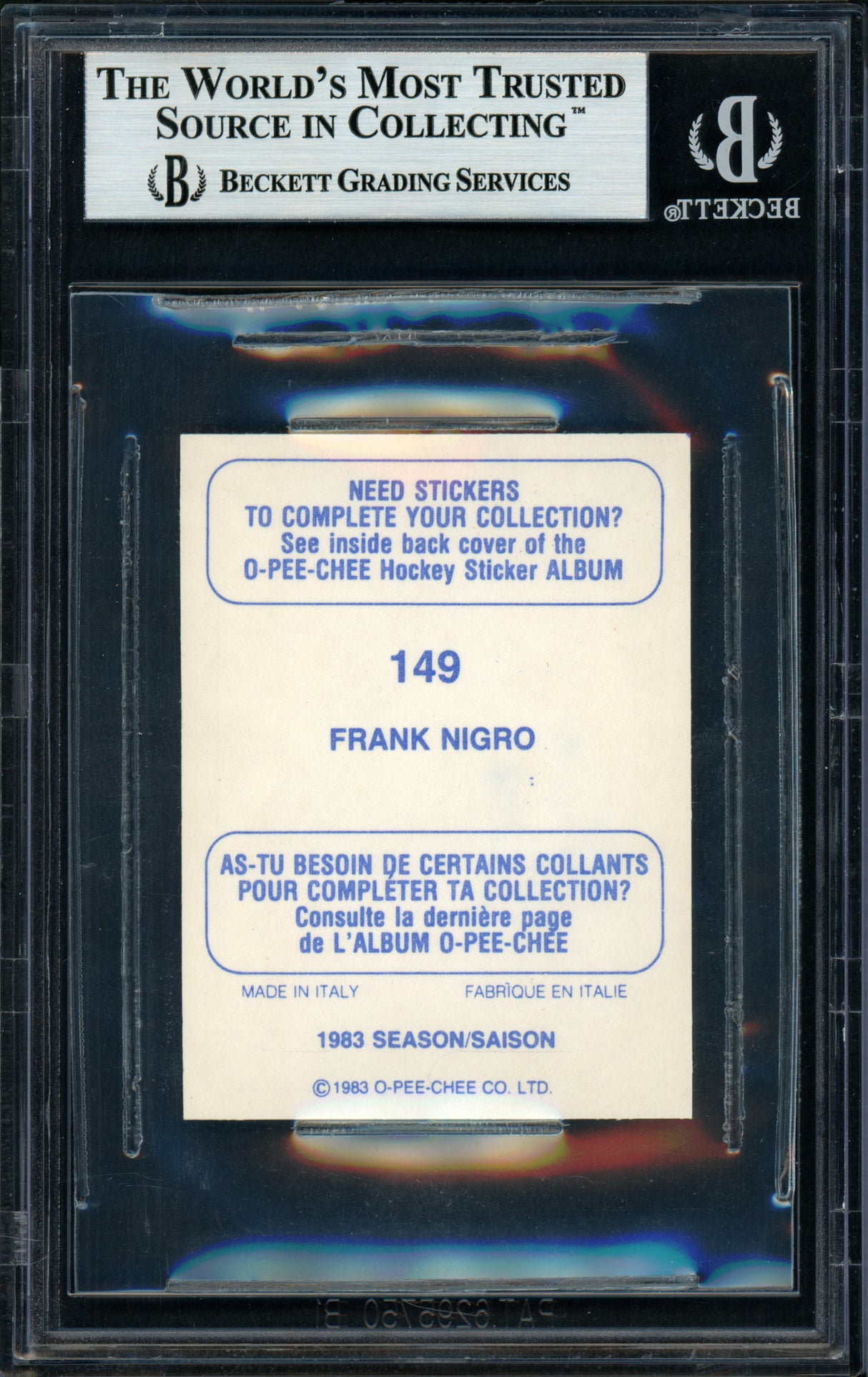 Frank Nigro Autographed 1983-84 O-Pee-Chee Sticker Card #149 Toronto Maple Leafs Beckett BAS #11482592