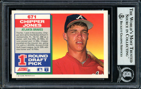 Chipper Jones Autographed 1991 Score Rookie Card #671 Atlanta Braves Beckett BAS Stock #155936