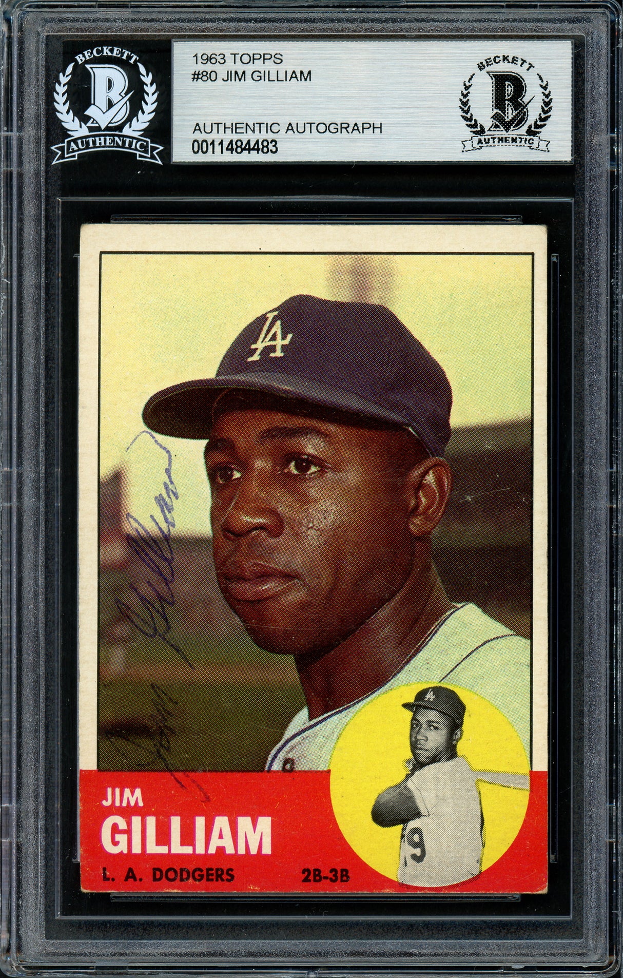 Jim Gilliam Autographed 1963 Topps Card #80 Los Angeles Dodgers Beckett BAS #11484483