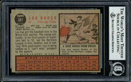 Lou Brock Autographed 1962 Topps Rookie Card #387 Chicago Cubs Beckett BAS #11484497