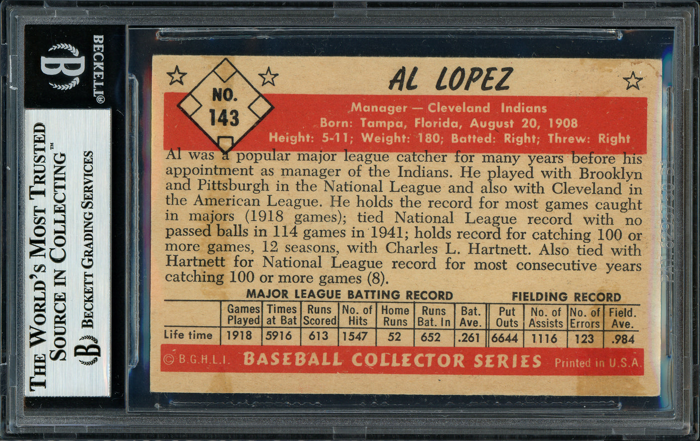 Al Lopez Autographed 1953 Bowman Color Card #143 Cleveland Indians Beckett BAS #11484720