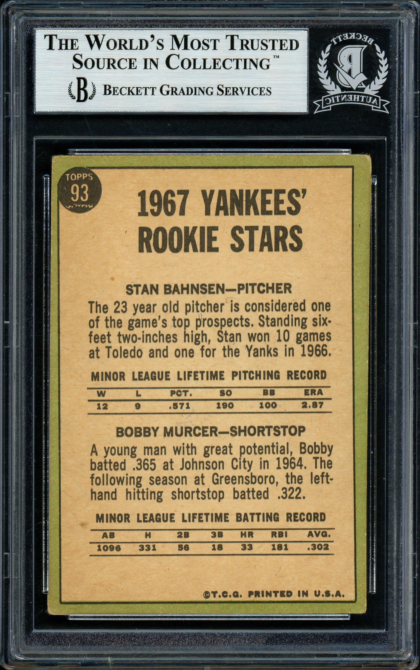 Bobby Murcer & Stan Bahnsen Autographed 1967 Topps Rookie Card #93 New York Yankees Beckett BAS #11627917