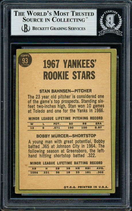 Bobby Murcer & Stan Bahnsen Autographed 1967 Topps Rookie Card #93 New York Yankees Beckett BAS #11627917