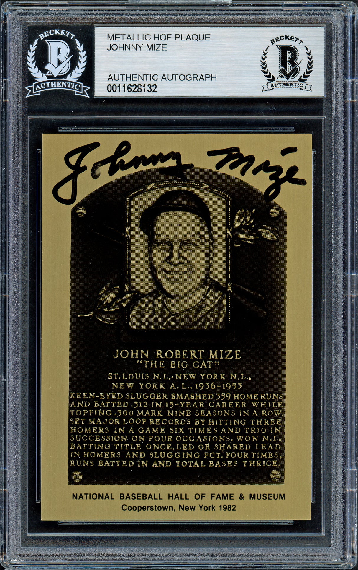 Johnny Mize Autographed 1982 Metallic HOF Plaque Card New York Yankees Beckett BAS #11628132